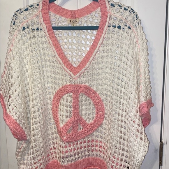 NWOT POL Open Crochet Oversized Peace Sign Sweater in white and pink L - Picture 2 of 12